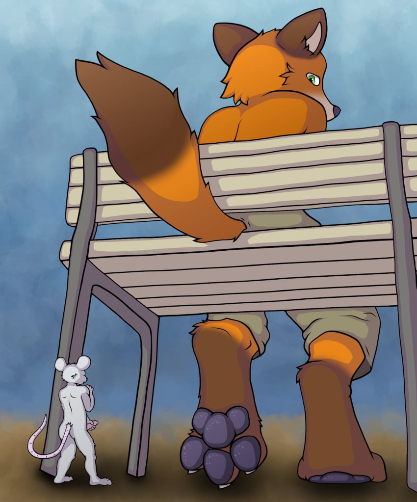 3_toes bench bottomwear brown_body brown_fur candid canid canine cel_shading chair clothing dirt disney duo extreme_size_difference feet foot_fetish foot_focus fox fur furniture genitals green_eyes grey_body grey_fur hand_on_penis hi_res hindpaw house_mouse kiwifizz looking_down male male/male mammal masturbation mouse murid murine nick_wilde nude oblivious on_chair orange_body orange_fur pants pawpads paws penis rat rear_view rodent shaded shirtless shorts size_difference tail toes zootopia