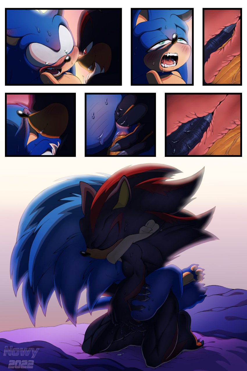 2022 2:3 anal anal_fingering anthro artist_name bed bed_covers bedding bedroom biped black_body black_fur black_nose blue_body blue_fur blush blush_lines chest_tuft closed_eyes comic countershade_fur countershading cuntboy cuntboy/male digital_drawing_(artwork) digital_media_(artwork) duo erection eulipotyphlan finger_fuck fingering fur furniture genitals green_eyes hedgehog hi_res hug hugging_another hugging_partner humanoid_hands inside internal internal_vaginal intersex looking_at_another looking_pleasured lying male male/cuntboy male/male mammal moan morning morning_sex multicolored_body multicolored_fur muscular muscular_anthro muscular_male nowykowski7 nude nude_anthro nude_male on_back on_bed open_mouth open_smile penetration penile penile_penetration penis pussy quills_(anatomy) red_body red_eyes red_fur relationship romantic sega sex shaded shadow_the_hedgehog smile sonic_(series) sonic_the_hedgehog sonic_the_hedgehog_(series) tan_arms tan_body tan_countershading tan_fur tan_inner_ear text tuft vaginal_penetration