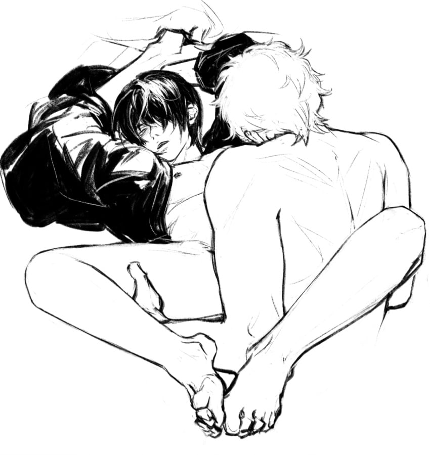 2boys arms_up barefoot feet full_body gay gintama gintoki_sakata hair_over_one_eye haori hokukei implied_sex leg_grab male male_only monochrome no_visible_genitalia on_back open_clothes sheet_grab spread_legs takasugi_shinsuke yaoi