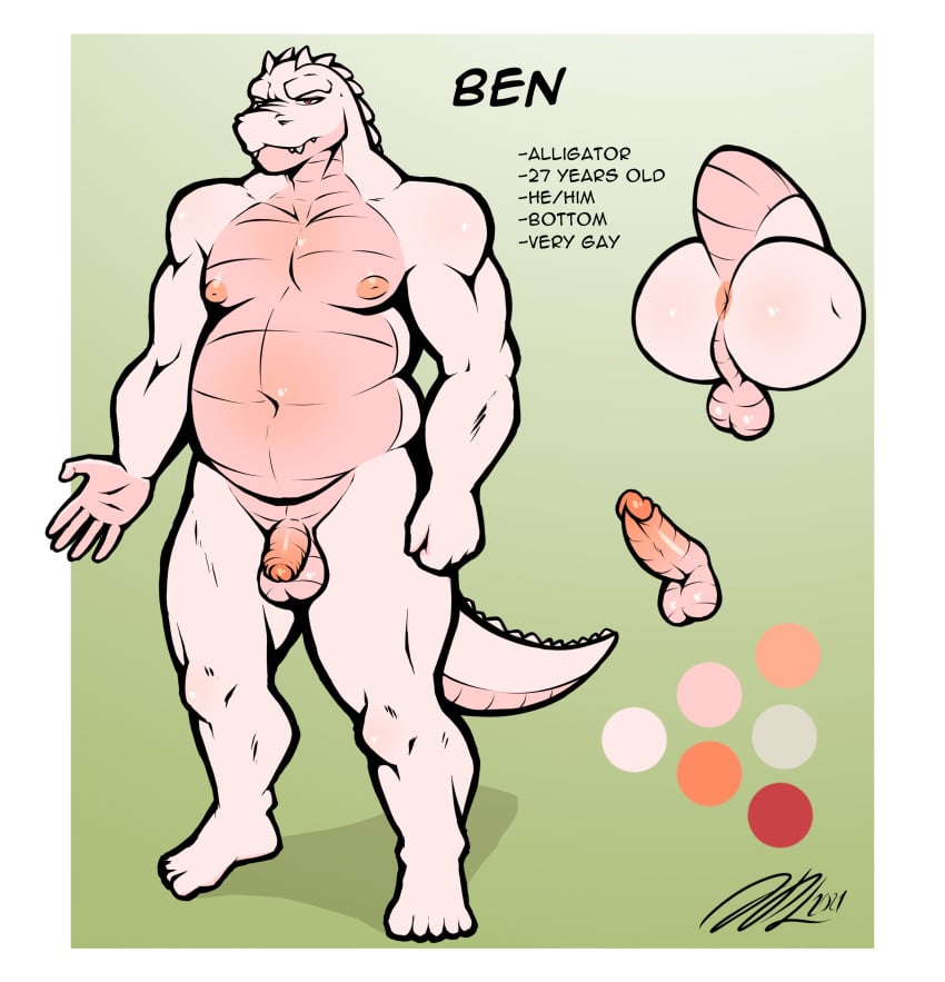 2021 absurd_res alligator alligatorid anthro anus ass backsack balls ben_(fiercedeitylynx) character_name crocodilian disembodied_hindquarters disembodied_penis english_text erection feet fiercedeitylynx flaccid foreskin front_view genitals gradient_background hi_res humanoid_feet humanoid_hands male moobs muscular muscular_anthro muscular_male navel overweight overweight_anthro overweight_male partially_retracted_foreskin penis plantigrade presenting presenting_hindquarters rear_view reptile scalie signature simple_background stated_adult stated_age stated_homosexuality stated_sexuality tail teeth text