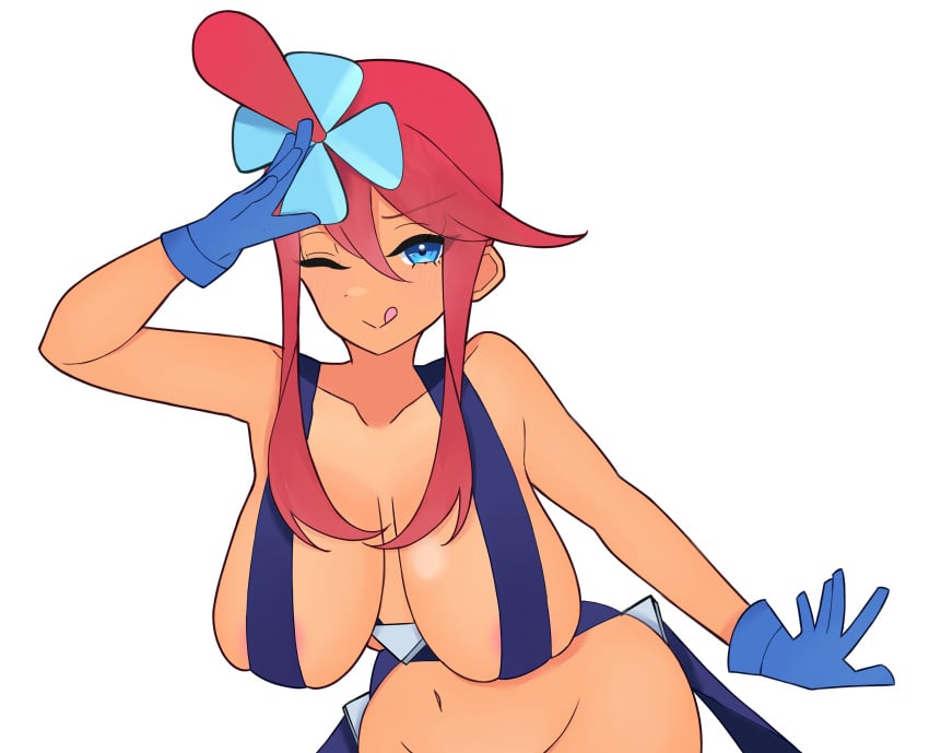 blue_eyes breasts creatures_(company) dark-skinned_female dark_skin esttea female game game_freak gloves hair_ornament navel nintendo pokemon pokemon_bw red_hair salute sideboob skyla_(pokemon) solo tongue tongue_out