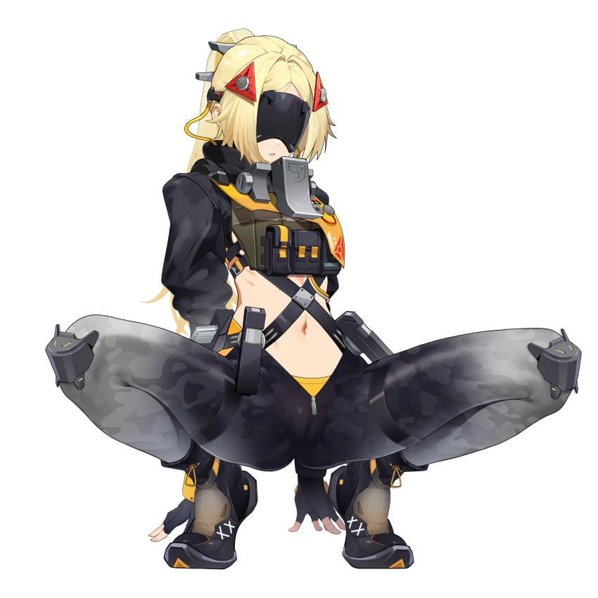 2d 2d_(artwork) absurd_res belly belly_button blindfold blindfolded blonde_female blonde_hair clothed clothed_female clothing female_focus female_only fold highres hoyoverse human kirit mihoyo mihoyo_technology_(shanghai)_co._ltd. military military_uniform pants pussy_visible_through_clothes solo solo_female solo_focus trigger_(zenless_zone_zero) visible_pussy zenless_zone_zero