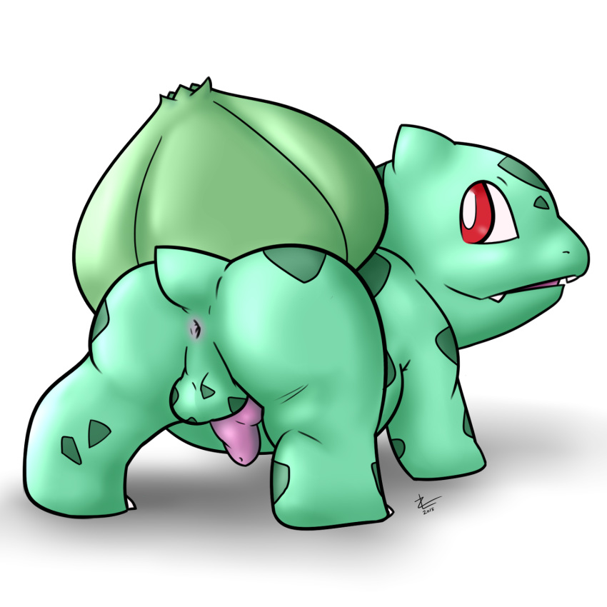 2015 animal_genitalia anus ass back_view balls bulbasaur cute erection feral male male_only mammal nintendo open_mouth penis plant pokémon_(species) pokemon pokemon_rgby red_eyes scalie simple_background solo video_games zekromlover