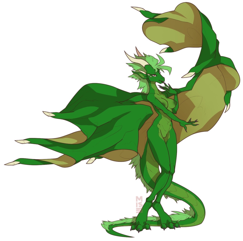 anthro breasts brown_eyes claws digitigrade dragon eyelashes female green_hair hair horn membranous_wings misericorde nude pussy scales simple_background solo white_background wide_hips wings