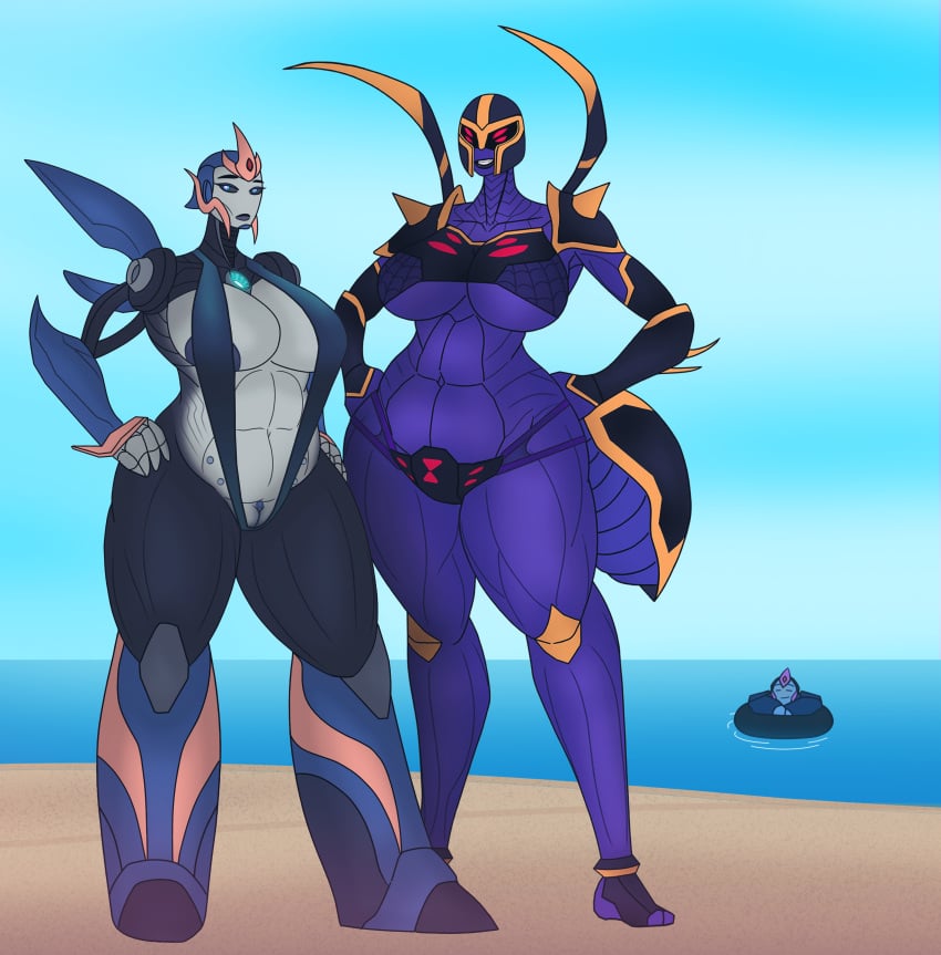 2girls arcee arcee_(prime) beach blackarachnia robot robot_girl robot_humanoid thewatcherofworlds transformers transformers_prime