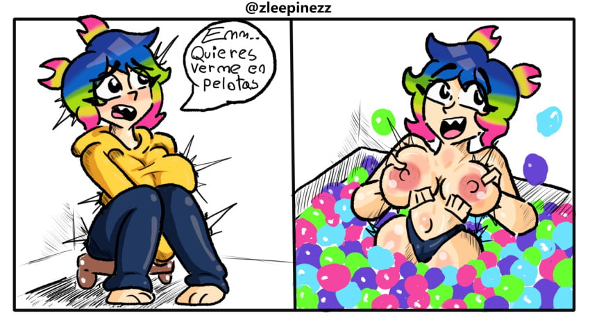 big_breasts breasts colored_inner_hair comic español lynny_the_yellow nipples pool pool_toy spanish_text squished_breasts text_bubble white_background white_skin yellow_sweater zleepinezz