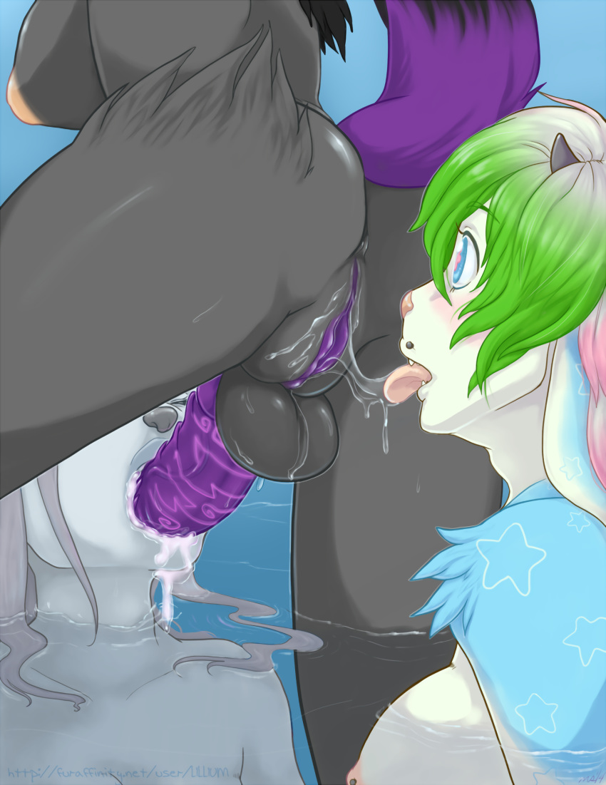 2014 alternate_color anthro arctic_wolf asura_arklin barbs bioluminescence black_fur canine closed_eyes cum cum_in_mouth cum_inside cum_on_face cunnilingus cyan_eyes cyan_fur erection facial_piercing fellatio female fur futanari glowing green_hair grey_fur grey_hair hair herm horn humanoid hybrid intersex kompie_(character) lillium lip_piercing mammal markings nintendo nipple_piercing nipples oral oral_penetration penetration penis piercing pink_eyes pink_hair pokemon pokemon_(species) purple_fur pussy pussy_juice ridged_penis saliva sex swimming vaginal_penetration video_games water white_fur white_hair wolf zoroark