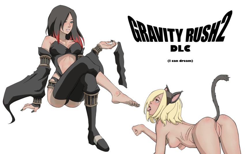 2girls ass black_hair boots calf_boots cat_girl feet gravity_rush heel_boots high_heel_boots kat_(gravity_rush) knee_boots multiple_girls nude raven_(gravity_rush) simple_background thighhighs yuri