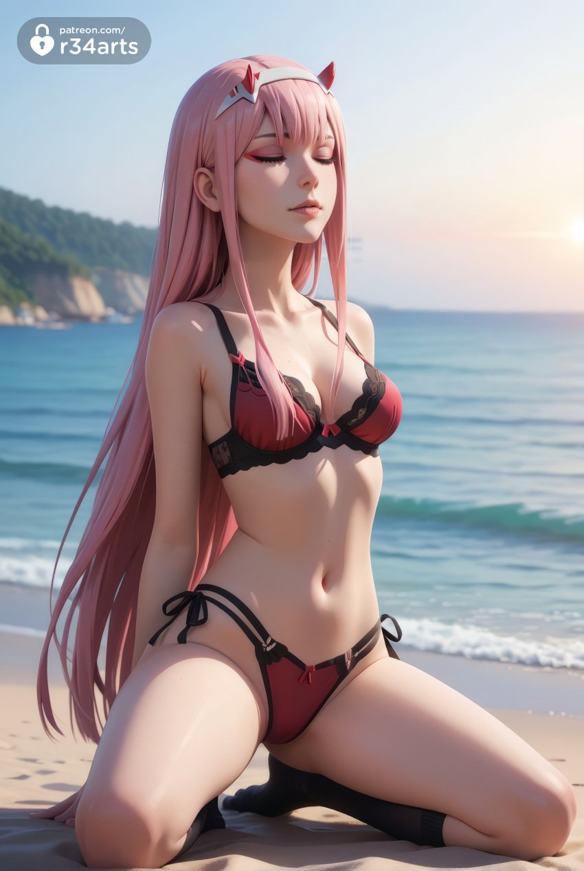 1girls ai_generated beach bikini black_socks bra breasts cleavage closed_eyes collarbone darling_in_the_franxx day eyeshadow hairband hi_res horns kneehighs kneeling lips long_hair makeup medium_breasts navel ocean outdoors panties parted_lips pink_hair r34arts red_bikini sand side-tie_bikini_bottom socks solo swimsuit underwear very_long_hair water white_hairband zero_two_(darling_in_the_franxx)