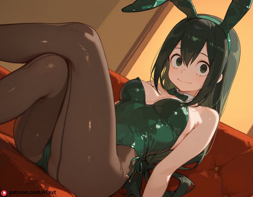 ai_generated asui_tsuyu bunnysuit chart jitome medium_breasts sitting_with_leg_crossed