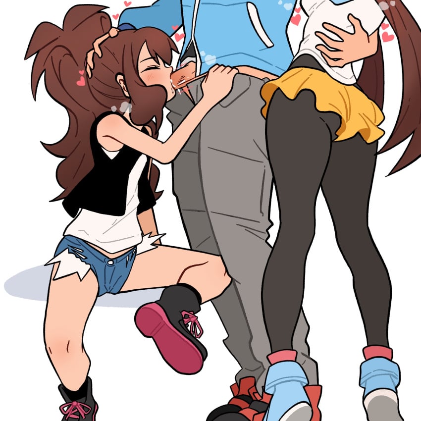 1boy 2girls black_pantyhose brown_hair faceless faceless_female faceless_male fellatio ffm_threesome group_sex highres hilbert_(pokemon) hilda_(pokemon) multiple_girls oral pantyhose penis pocha pokemon pokemon_bw pokemon_bw2 raglan_sleeves rosa_(pokemon) shorts threesome yellow_shorts