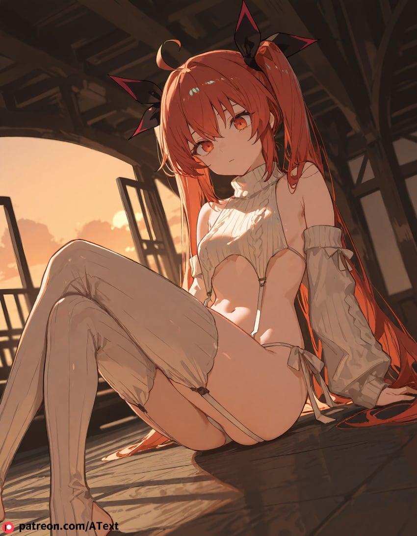 ai_generated beautfiul_background itsuka_kotori over-the-legs shy small_breasts stunning_backgroud under_bridge virgin_destroyer_sweater