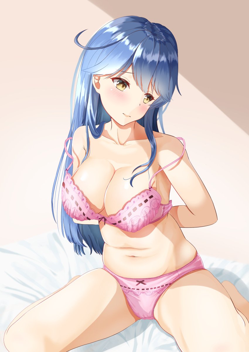 1girls arms_behind_back bed blue_hair blush bow bow_bra bow_panties bra bra_and_panties bra_strap_down bra_strap_slip breasts brown_eyes cleavage closed_mouth frown head_tilt highres kantai_collection long_hair medium_breasts navel on_bed panties pink_bra pink_panties removing_bra solo strap_slip underwear underwear_only undressing ushio_(kantai_collection) zuki