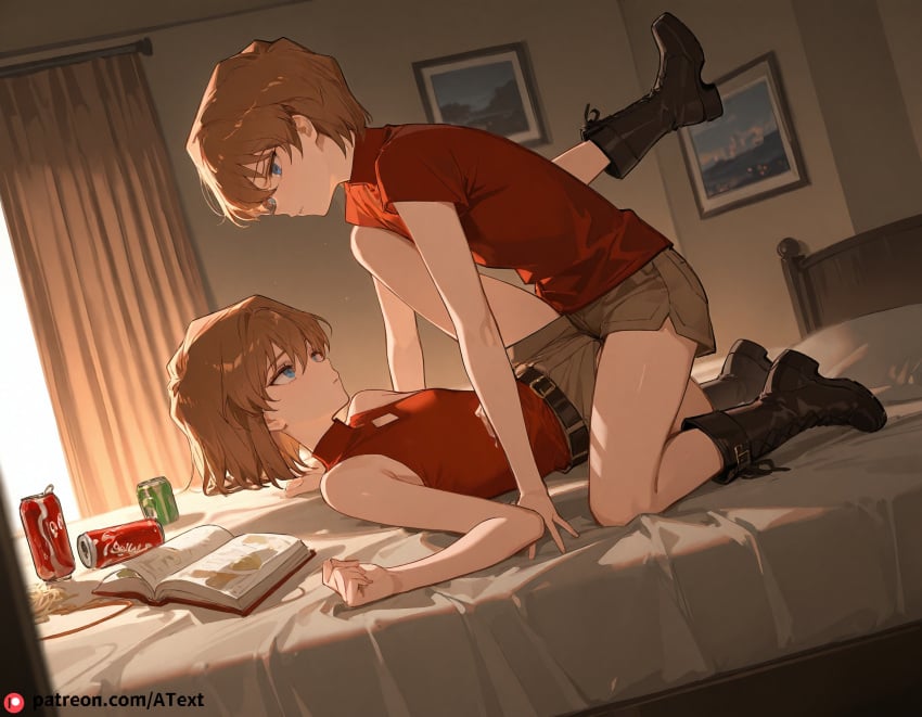 1boy ai_generated bare_shoulders beautfiul_background bedroom blue_eyes boots brown_hair brown_shorts flat_chest haibara_ai happy noodles open_book red_shirt shirt short_hair shorts sleeveless sleeveless_turtleneck soda_can stunning_backgroud turtleneck vaginal_sex