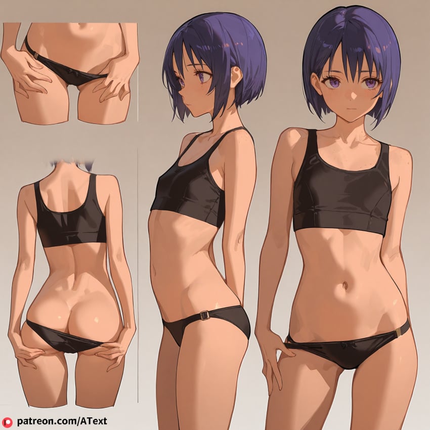 ai_generated ass black_panties bra butt_crack crop_top female flat_chest freckles navel panties purple_eyes purple_hair sairenji_haruna to_love-ru