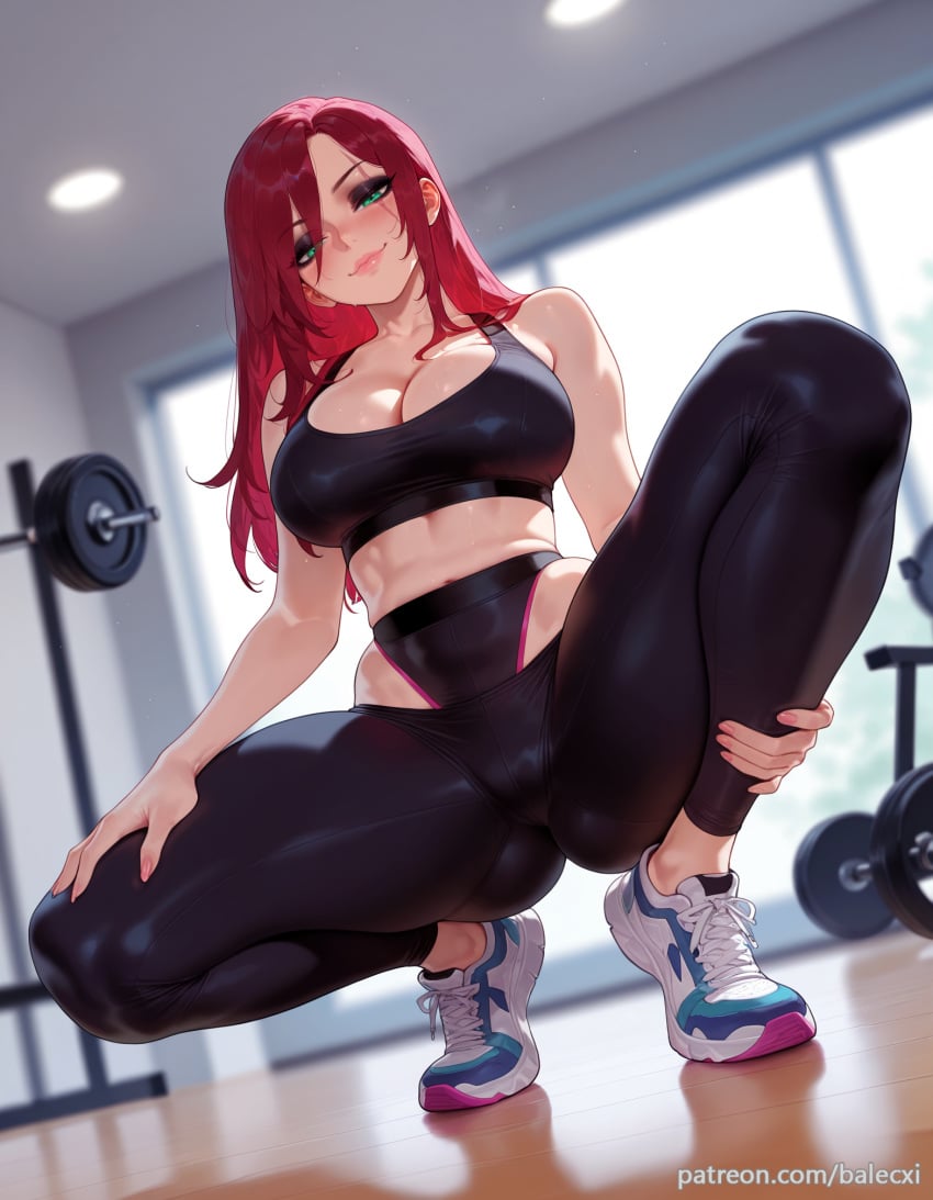 ai_generated balecxi black_sports_bra cleavage female green_eyes indoors katarina_du_couteau large_breasts league_of_legends long_hair looking_at_viewer pants patreon_username red_hair shoes smile sneakers solo sports_bra spread_legs squatting thighs yoga_pants