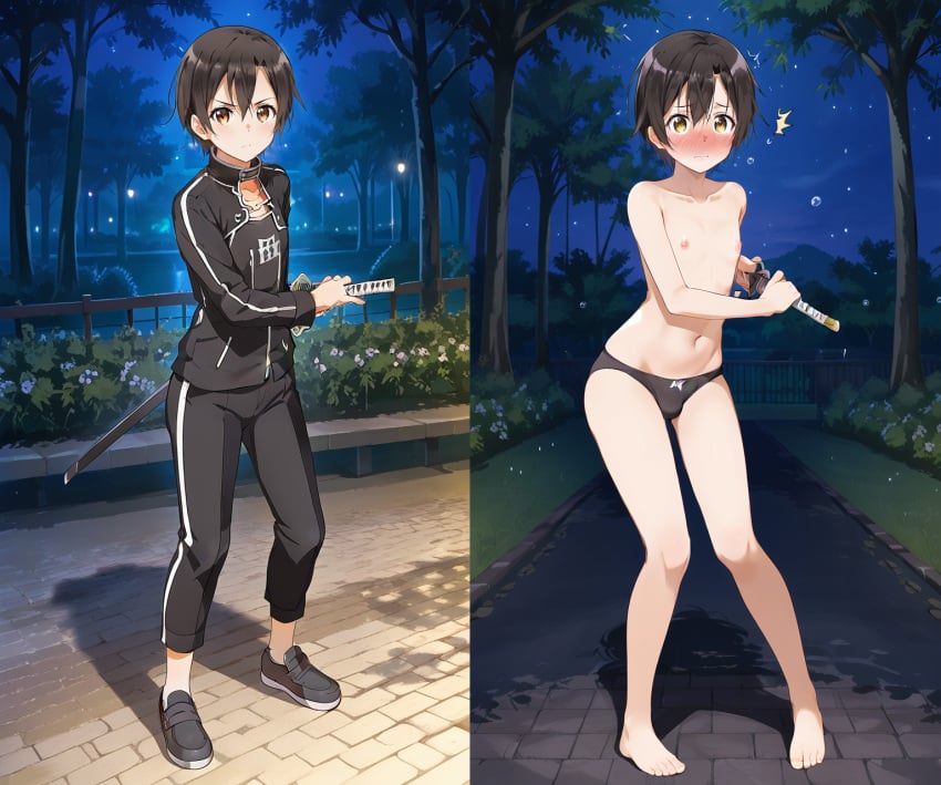 1boy 1other ai_generated barely_clothed before_and_after black_hair black_panties blush bulge clothed confident cute defeat defeated embarrassed femboy feminine_male fighting_stance humiliated humiliation kirito kirito_(sao-ggo) looking_at_viewer male_only night panties short_hair small_bulge small_penis stripped sword sword_art_online trap zoner_check