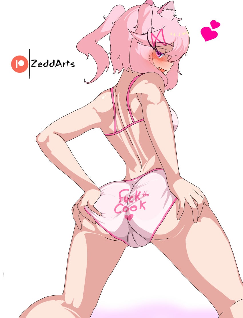 1girls ass ass back back_view behind_view cameltoe cat_ears doki_doki_literature_club english_text female_focus hands_on_ass hands_on_butt hands_on_own_ass hands_on_own_butt heart heart natsuki_(doki_doki_literature_club) panties pink_eyes pink_hair pink_panties text text_on_clothing text_on_panties zeddarts