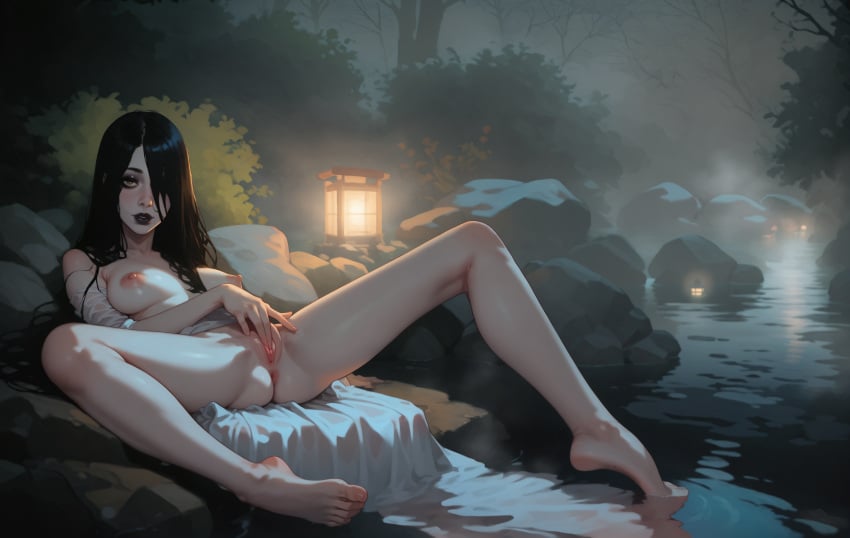 ai_generated black_hair clitoris fingers_on_pussy foots forest lamps long_hair naked night nipples playfulslothh pussy sadako_yamamura the_ring uncensored uncensored_breasts uncensored_nipples uncensored_vagina