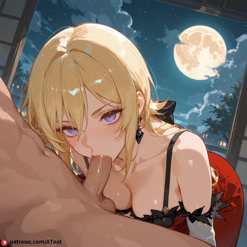 ai_generated blonde_hair blowjob blush breasts erection fellatio full_moon kiss-shot_acerola-orion_heart-under-blade male medium_breasts monogatari_(series) navel oshino_shinobu penis pov purple_eyes saliva sweat testicles uncensored