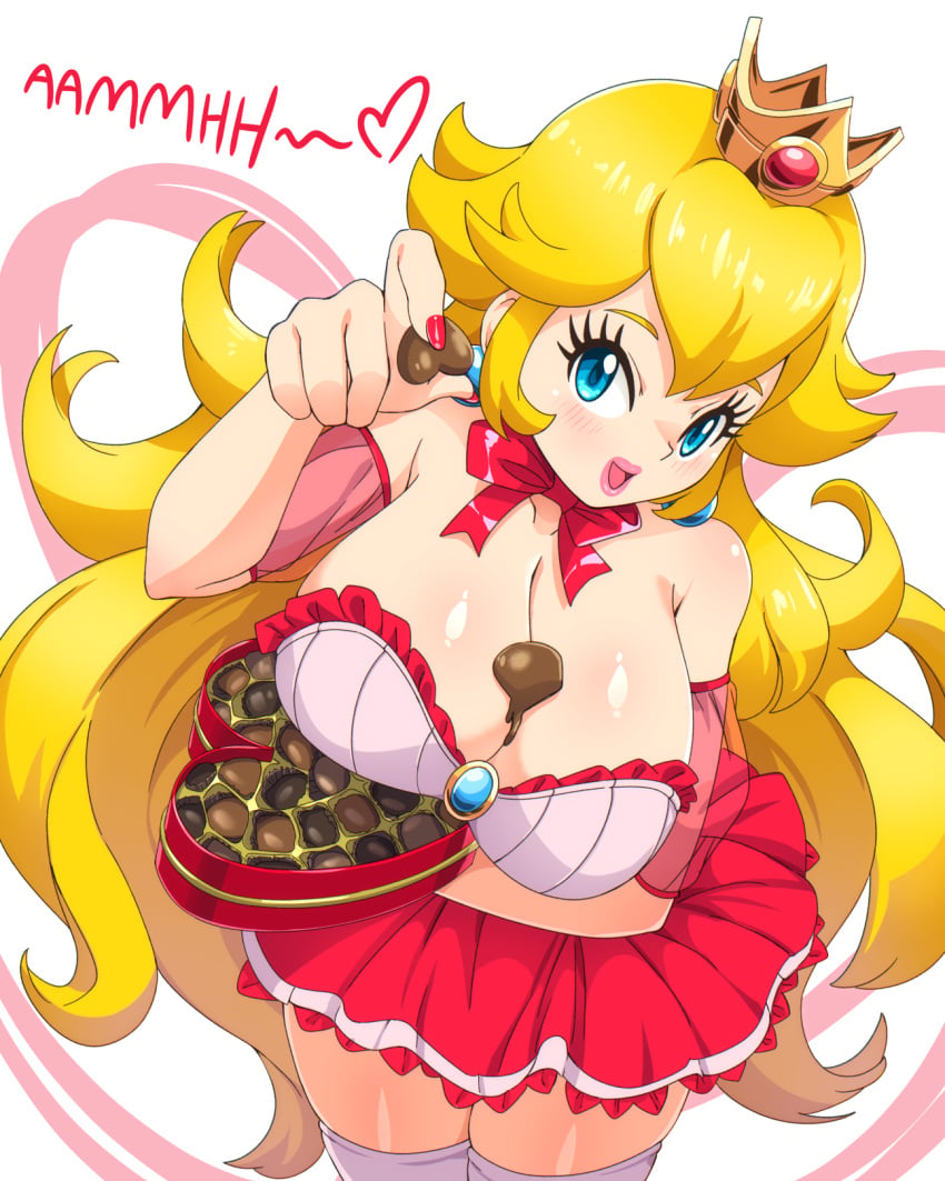 1girls blonde_hair blue_eyes breasts chocolate chocolate_heart cleavage crown female female_only food gift heart hi_res holding_food holding_gift holidays large_breasts looking_at_viewer mario_(series) nintendo pale-skinned_female pale_skin princess princess_peach royalty simple_background solo standing valentine's_day video_game_character zuchysdraws