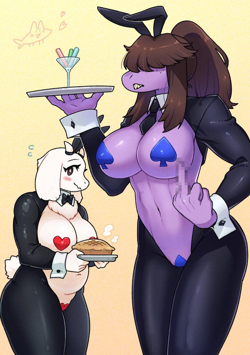 2girls animal_humanoid bare_belly bare_stomach big_boobs big_breasts big_tits black_tie blue_pasties boobs breasts bunny bunny_costume bunny_ear bunny_ears bunny_girl bunny_tail bunnygirl bunnysuit censored chubby chubby_female deltarune female_humanoid female_monster furry furry_breasts furry_female goat_girl goat_horns hair_over_eyes hourglass_figure huge_boobs huge_breast huge_tits humanoid humanoid_female large_boobs large_breasts large_tits legs massive_boobs massive_breasts massive_tits middle_finger milf monster monster_girl mosaic_censoring navel nipple_pasties non-human pasties pie plump_belly purple-skinned_female purple_skin pussy_pasty red_pasties ribbon sharp_teeth simple_background susie_(deltarune) thick_legs thick_thighs thighs tie tits toriel undertale white_fur yamame513