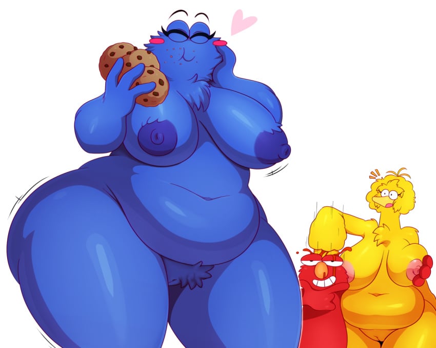 2015 anthro areola avian big_bird big_breasts bird blood blue_fur breasts chromatic_aberration chubby cookie cookie_monster elmo feathers female food fur group huge_breasts male monster muppets nipples nosebleed nude overweight pubes pussy red_fur rule_63 sesame_street sesame_workshop simple_background sssonic2 straight white_background yellow_feathers