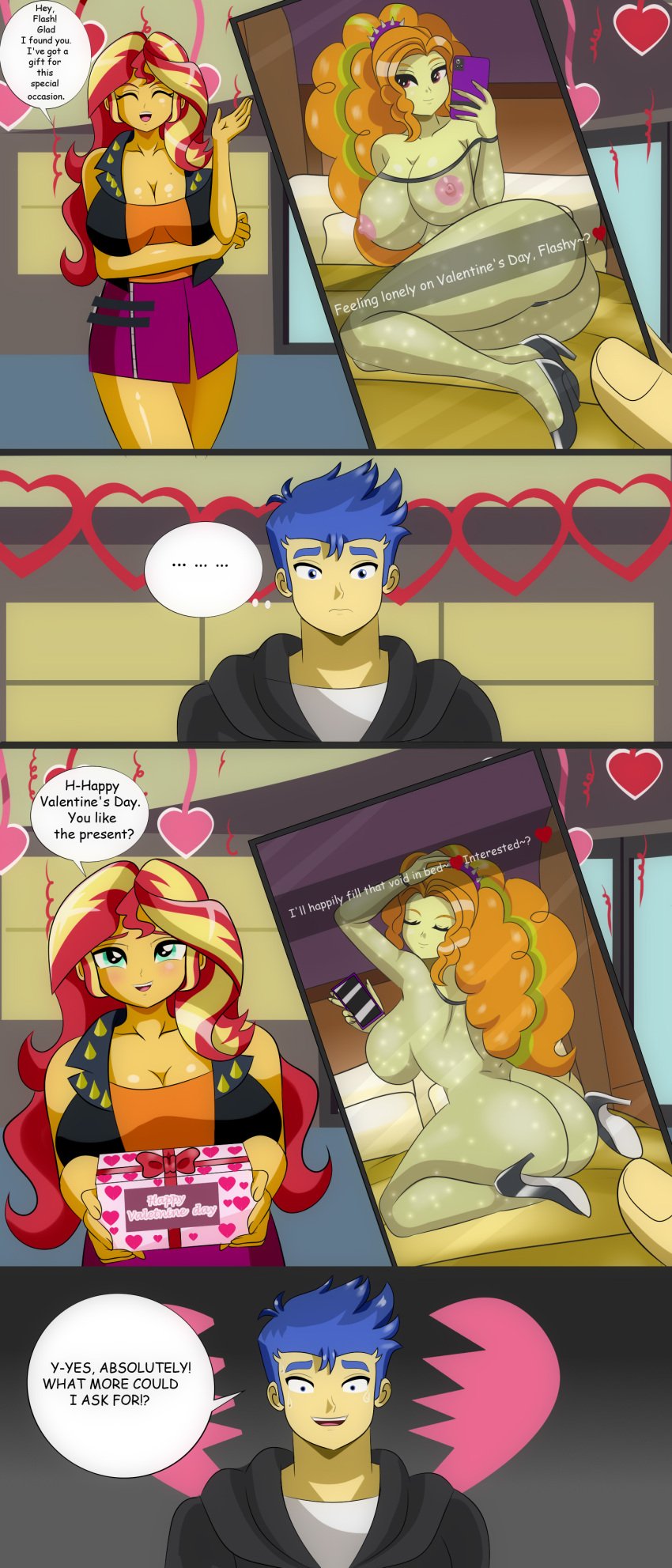 1boy 2girls adagio_dazzle areolae big_breasts breasts cellphone chuyryu cleavage comic commission dialogue english_text equestria_girls female flash_sentry friendship_is_magic gift gift_box hasbro heels_only hi_res high_heels highres large_breasts male my_little_pony naked_footwear nervous nervous_smile nervous_sweat nipples nude phone pov selfie shoes_only sideboob smartphone speech_bubble sunset_shimmer text thick_thighs valentine's_day wide_hips