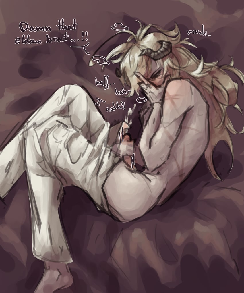 angry atlus bed blonde_hair ejaculation english_text erection face_covered femboy gay horns laying_down louis_guiabern male_only masturbation metaphor:_refantazio pants penis princelutz scars shirtless text yaoi