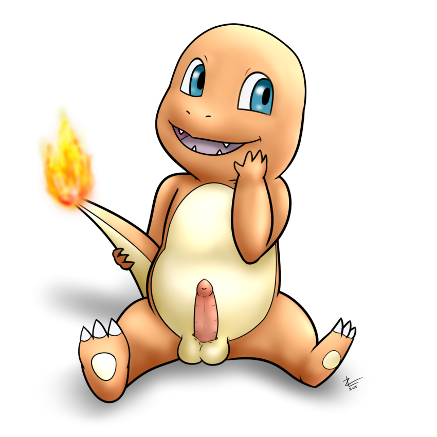 2015 animal_genitalia balls charmander cute erection feral male male_only nintendo open_mouth penis pokémon_(species) pokemon scalie simple_background video_games zekromlover