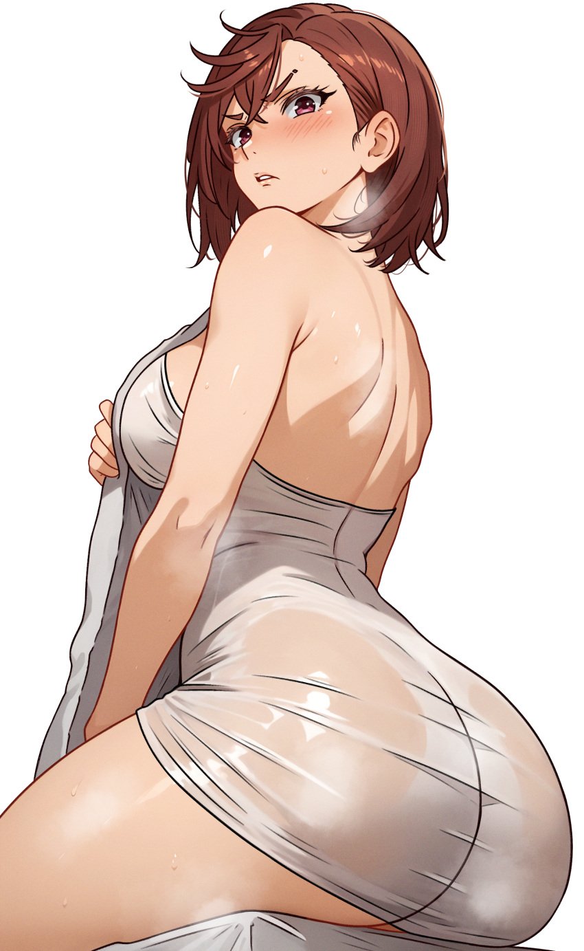 1girls absurdres alternate_breast_size armpit_crease ass ayase_momo back blush breasts brown_eyes brown_hair cetta_(cettadvd) commentary dandadan english_commentary from_behind highres holding holding_towel large_breasts looking_back naked_towel paid_reward_available parted_lips short_hair simple_background sitting solo thighs towel v-shaped_eyebrows wet_towel white_background wide_hips