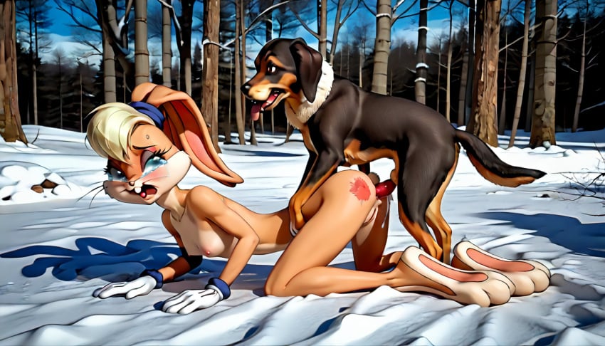 ai_generated anal anal_sex anthro bent_over canine crying crying_with_eyes_open dog_penis doggy_style furry furry_female lola_bunny lola_bunny_(multiversus) looney_tunes multiversus outdoors rape space_jam terror139 warner_bros warner_brothers zoophilia