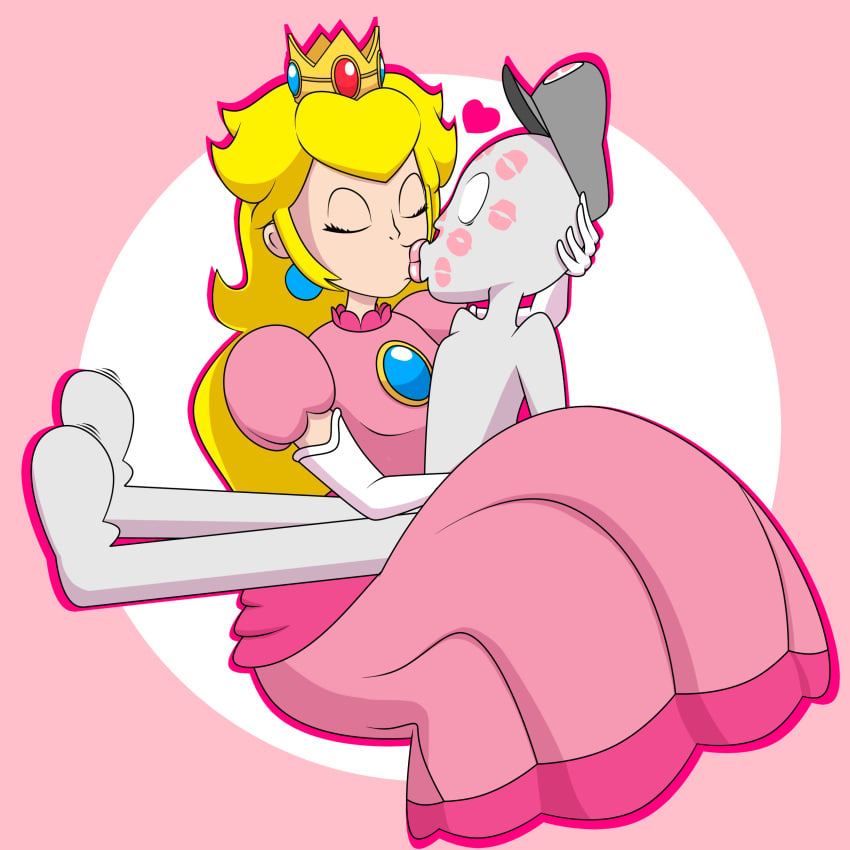 1boy 1girls 2d 2d_artwork arm_around_partner armwear blonde_hair closed_eyes dress female grey_body hand_behind_head jewelry kiss_mark kissing lips lipstick lipstick_mark long_hair male mario_(series) mk210 nintendo pink_background pink_dress pink_lips pink_lipstick princess princess_peach shocked shocked_expression shocked_eyes simple_background sitting super_mario_bros.