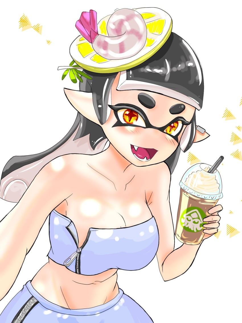 1girls big_breasts black_hair callie_(splatoon) callie_(summer_nights) cleavage drink female hair hair_ornament holding_drink inkling inkling_girl looking_at_viewer navel nintendo open_mouth partially_unzipped pointy_ears simple_background skirt solo solo_female solo_focus splatfest splatoon summer_nights_splatfest t2ukmyjm tentacle_hair tongue white_background