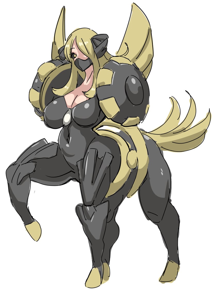 big_breasts black_body blizzardkatikat blonde_hair cynthia_(pokemon) kandenki mask no_background palkia palkia_(origin_form) pokemon transformation yellow_eyes