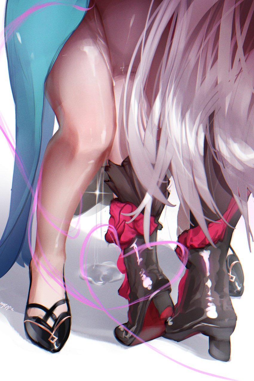 2girls bare_legs black_shoes commentary english_commentary heel_up high_heels highres honkai_(series) honkai_impact_3rd leg_between_thighs leg_focus legs long_hair multiple_girls nyeppu paid_reward_available pussy_juice pussy_juice_puddle shadow signature simple_background songque songque_(astralop) standing thelema_nutriscu thelema_nutriscu_(mad_pleasure:_shadowbringer) very_long_hair white_background white_hair yuri