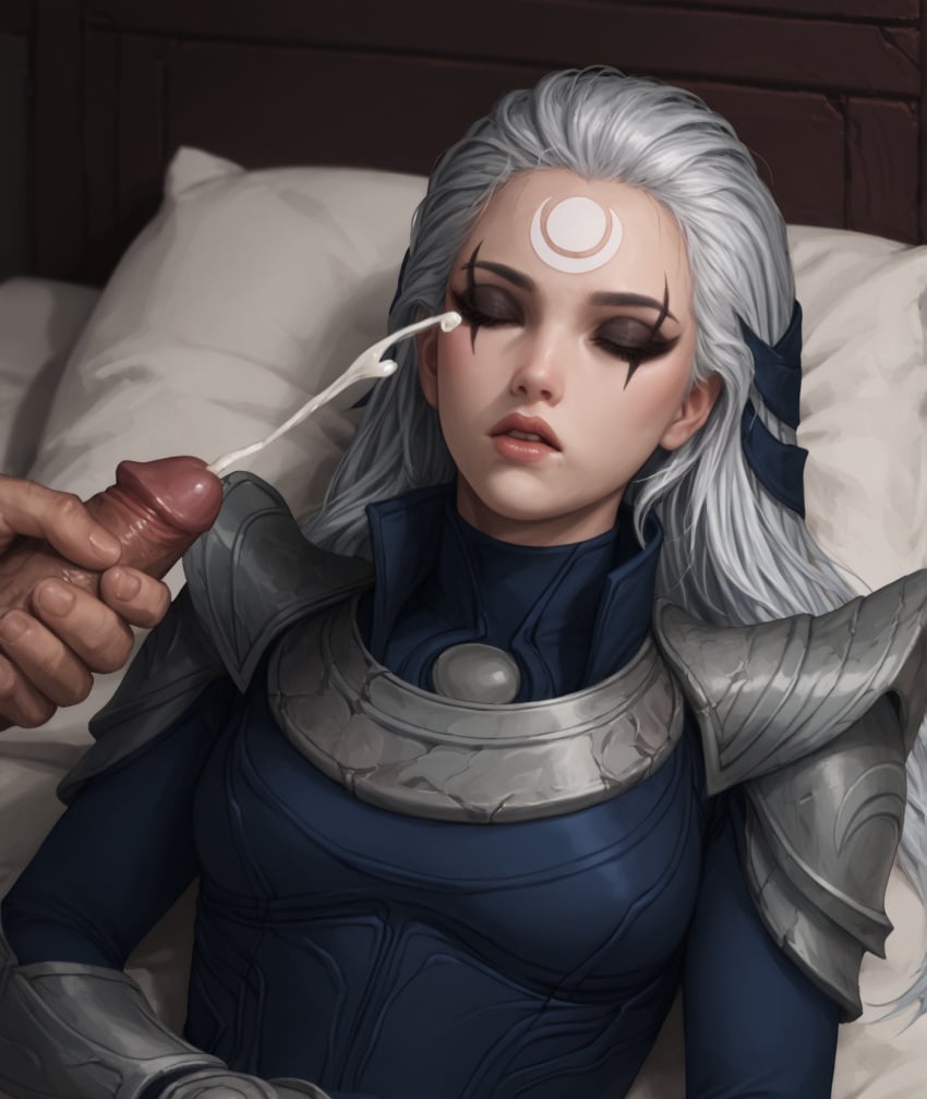 1female 1girls 2d ai_generated asleep cum_on_face cumshot detailed_female diana_(league_of_legends) facial female forehead_mark girl hi_res high_resolution highres league_of_legends mascara medium_breasts open_mouth pony_diffusion_xltasy serotec silver_hair sleeping somnophilia straight white_hair