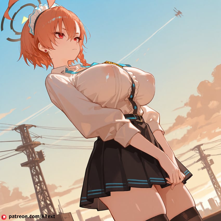 ai_generated beautfiul_background blue_archive breasts covered_nipples disdain gigantic_nipples huge_breasts huge_nipples industrial_wind neru_(blue_archive) sagging_breasts stunning_backgroud thighhighs v_arms