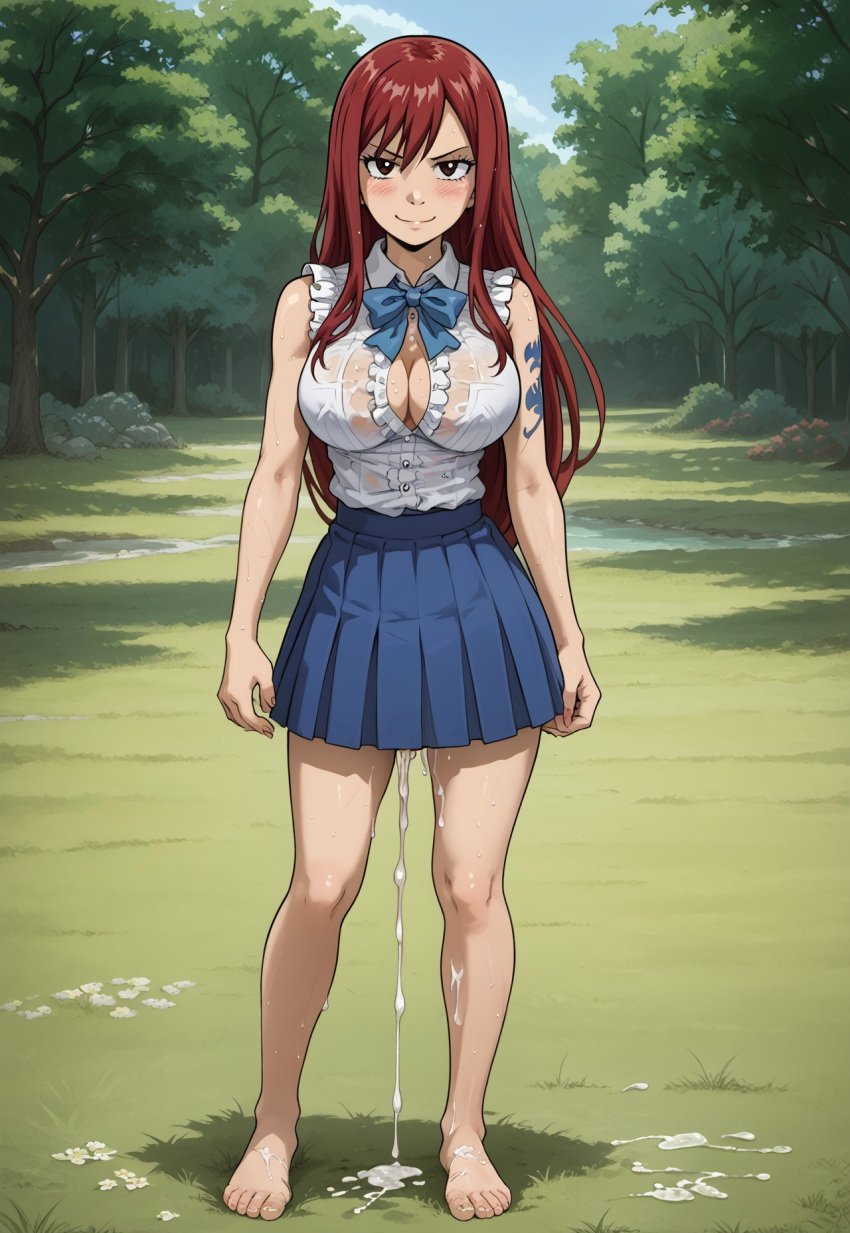 after_sex ai_generated bowtie breasts breasts_out clothed clothing cum cum_in_pussy cum_out_pussy echodantalian erza_scarlet fairy_tail full_body full_body_view girl legs miniskirt red_hair shirt smile tits_out