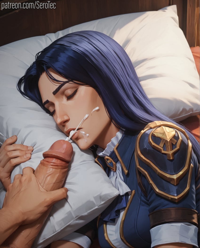 1female 1girls 2d ai_generated arcane arcane_caitlyn arcane_vi asleep blue blue_hair caitlyn caitlyn_(league_of_legends) caitlyn_kiramman closed_eyes cum cum_in_mouth cumshot detailed_female female girl hi_res high_resolution highres jerking jerking_off jerkingoff long_hair medium_breasts pony_diffusion_xltasy pov serotec sleeping somnophilia straight