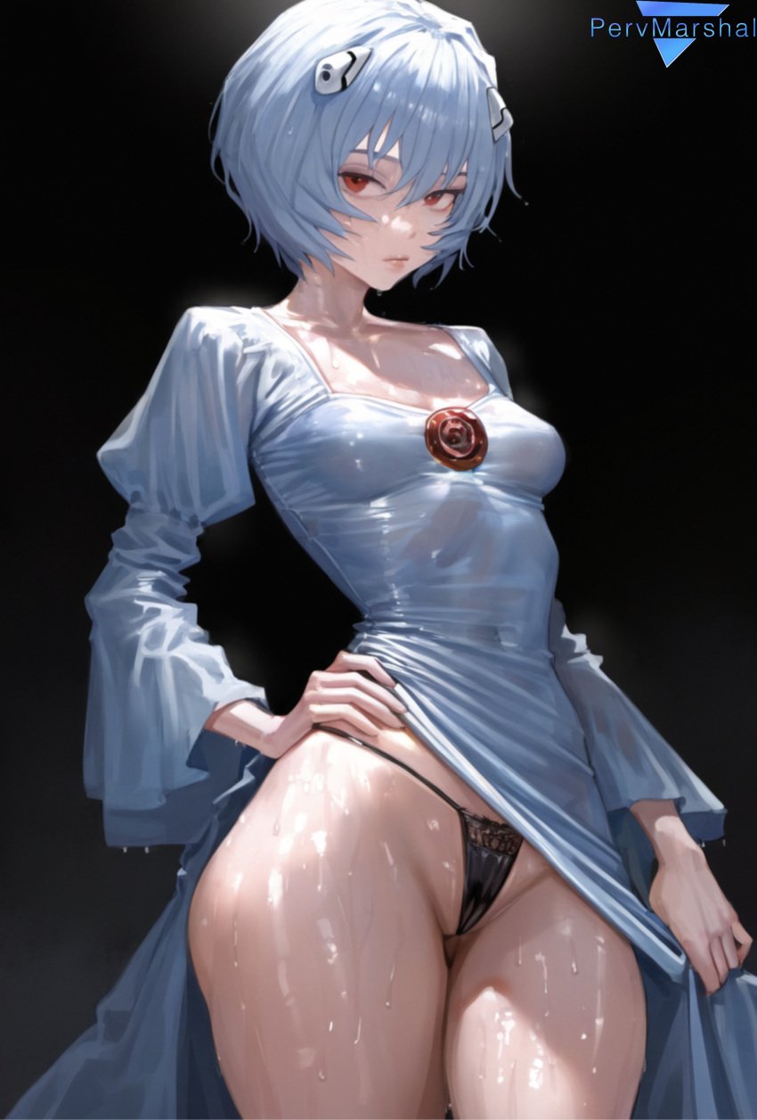 1girls ai_generated black_panties blue_dress female female_focus female_only marshalperv neon_genesis_evangelion pervmarshal red_eyes rei_ayanami short_hair small_breasts solo solo_female solo_focus sweat sweating tagme tagme_(artist) thick_thighs thong watermark wide_hips