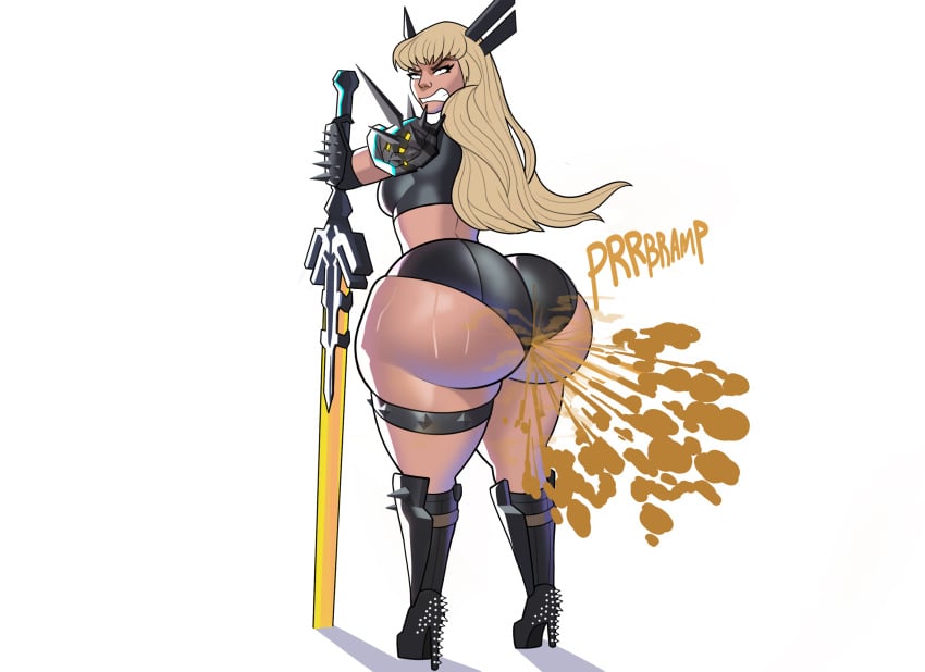 1girls ass ass_focus blonde_female blonde_hair boots bubble_ass bubble_butt fart fart_cloud fart_everywhere fart_fetish farting gassylegg1ngs grunting high_heel_boots huge_ass long_hair looking_back looking_pleasured magik_(illyana_rasputin) magik_(marvel_rivals) marvel marvel_rivals massive_ass shoulder_pads spiked_boots sweat sweatdrop sweating sweaty sweaty_butt sword thigh_strap wet_fart white_background