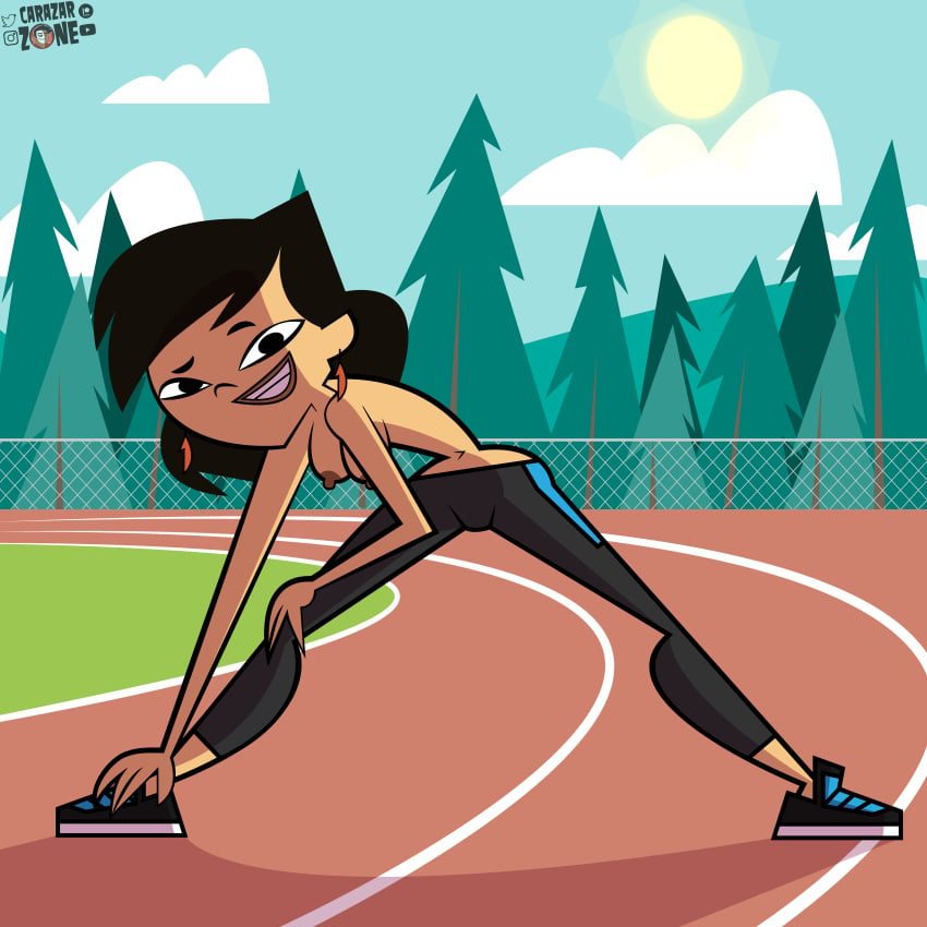 1girls 2d 2d_(artwork) accurate_art_style artist_logo athletic athletic_female big_breasts black_hair breasts carazar_zone earrings female female female_only leggings leggings_only nipples outdoors pants pants_only shoes shoes_on shoes_only sky_(tdi) smiling stretching topless total_drama:_pahkitew_island total_drama_(series) total_drama_island