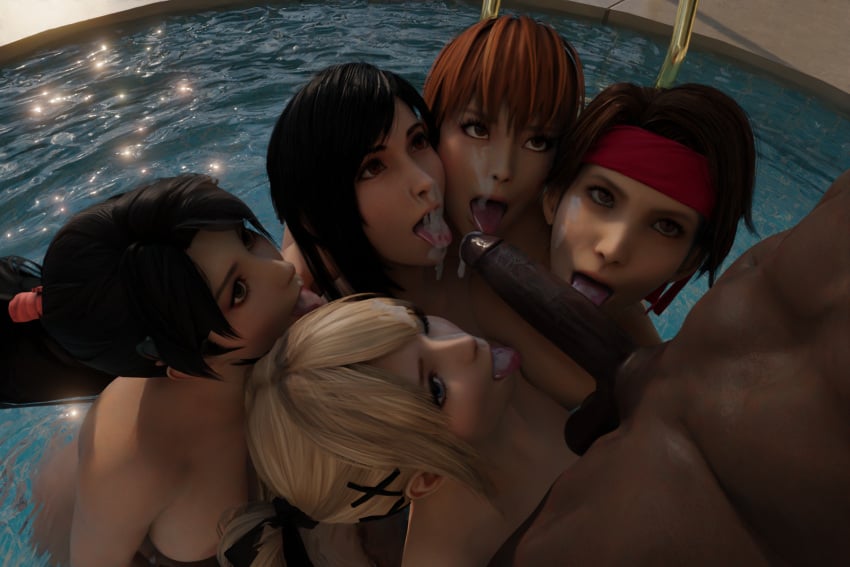 1boy 3d 3d_(artwork) 3d_model 5girls cum_in_mouth cumshot dark-skinned_male dead_or_alive eye_contact final_fantasy harem imminent_sex jessie_rasberry kasumi_(doa) light-skinned_female long_penis marie_rose momiji_(ninja_gaiden) ninja_gaiden oral pool sixsome tifa_lockhart tongue_out try0ne