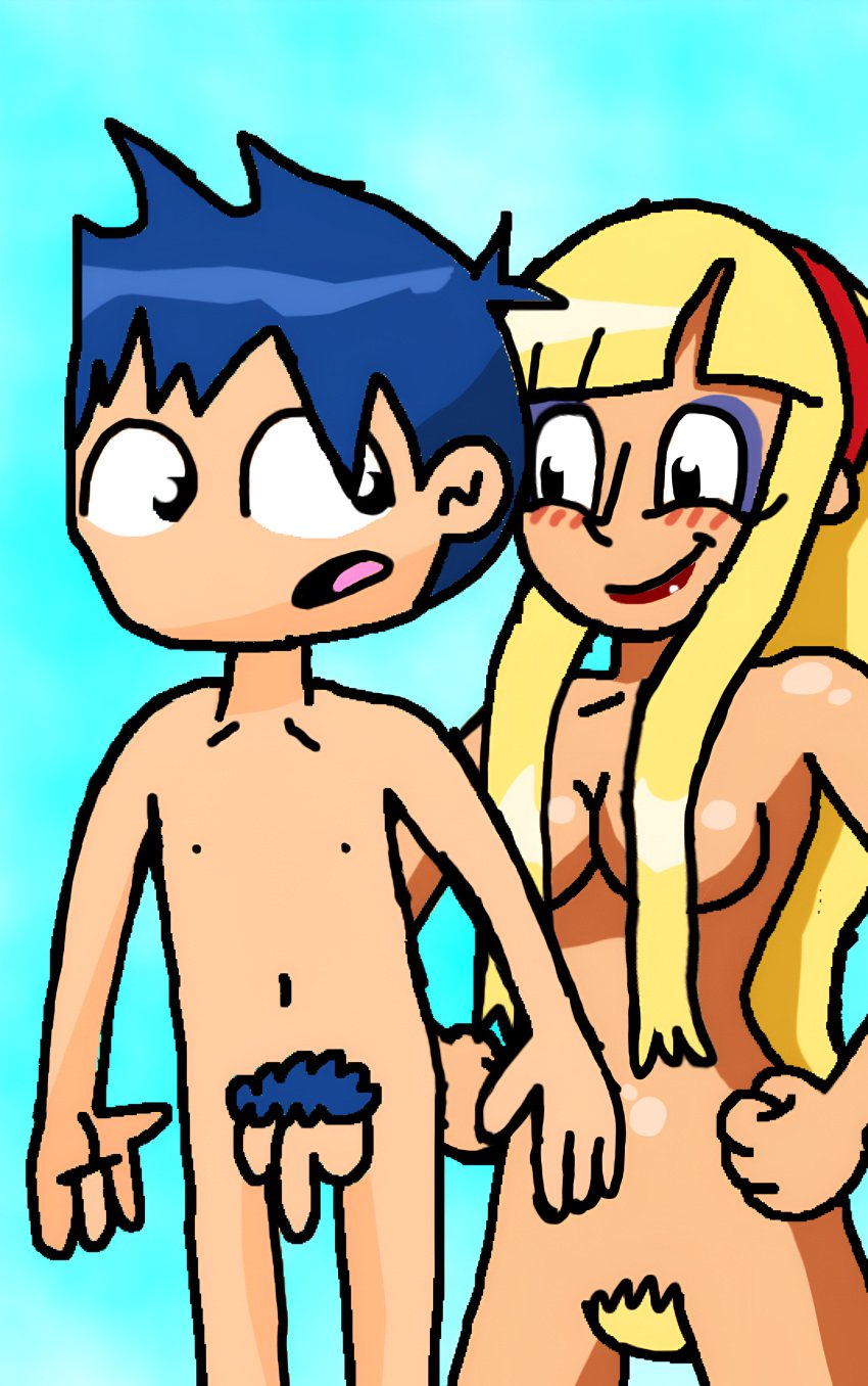 1boy 1girls aberranced_(spongebobartypants) blonde_hair blue_hair breasts female lipstick looking_at_another looking_back nervous nipples penis pubic_hair red_lipstick revrookington shiny_skin smiling_at_another spongebobartypants tanned_skin tiffany_(revrookington)