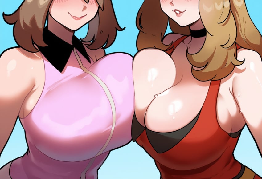 2girls ai_generated blue_eyes breasts_bigger_than_head brown_hair female game_freak huge_breasts large_breasts may_(pokemon) mullon nintendo novelai pokemon pokemon_oras pokemon_rse pokemon_xy serena_(pokemon) top_heavy