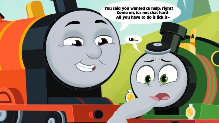 accurate_art_style adult_and_cub adult_on_young attempted_rape brake_cussy cock coercion cub dialogue edit edited edited_screencap forced forced_oral gay green_body grey_skin holding holding_head imminent_oral imminent_rape imminent_sex james_the_red_engine locomotive mattel nervous pedophilia penis percy_the_small_engine persuasion questionable_consent rape red_body self_upload speech_bubble text text_bubble thomas_and_friends thomas_and_friends_all_engines_go train wheel young