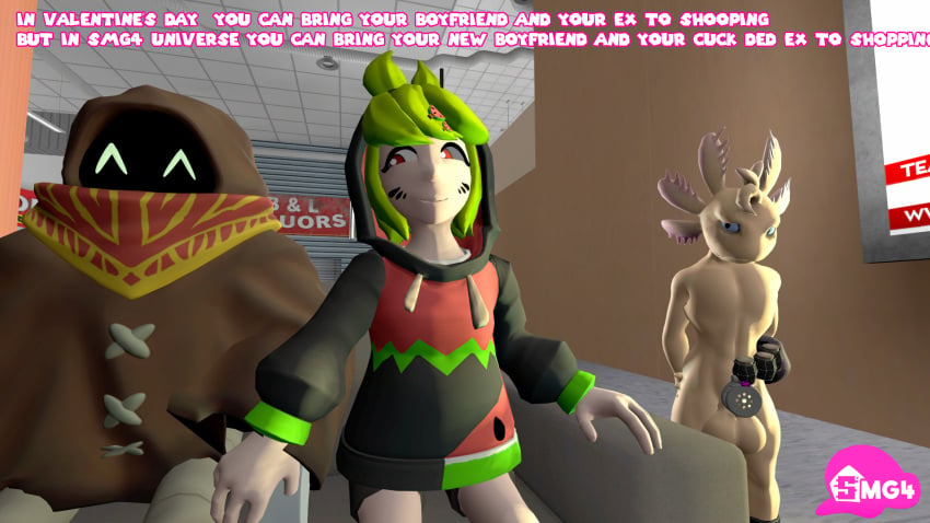 1girl 2boys 3d 3d_(artwork) axol_(smg4) axolotl bob_(smg4) chastity_cage melony_(smg4) naked_in_public smg4 source_filmmaker valentine's_day