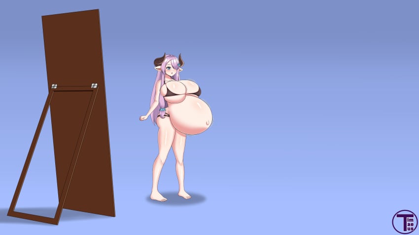 1girls artist_name belly belly_expansion blue_background blue_eyes blush breast_expansion breasts breasts_bigger_than_head draph draph_race_(granblue_fantasy) female female_focus female_only granblue_fantasy hair_over_one_eye horns huge_breasts hyper hyper_belly hyper_pregnancy large_breasts mirror narmaya_(granblue_fantasy) pointy_ears pregnant pregnant_female purple_hair simple_background skindentation standing timaeus