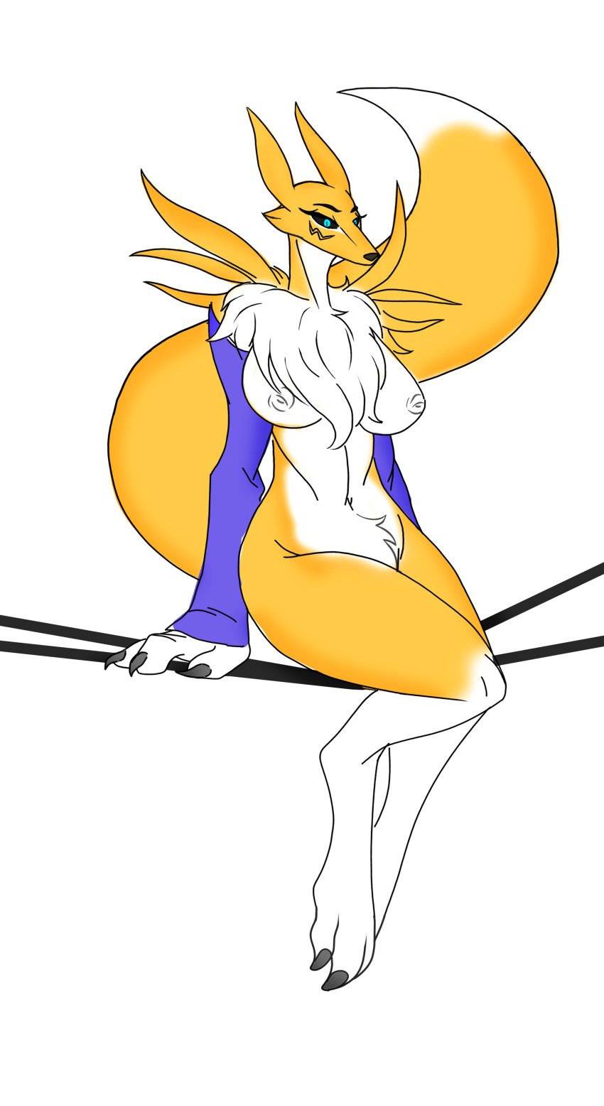 anthro bandai_namco big_breasts black_sclera blue_eyes breasts digimon digimon_(species) fluffy_chest furry nipples renamon tail thewatcherofworlds thighs yellow_fur